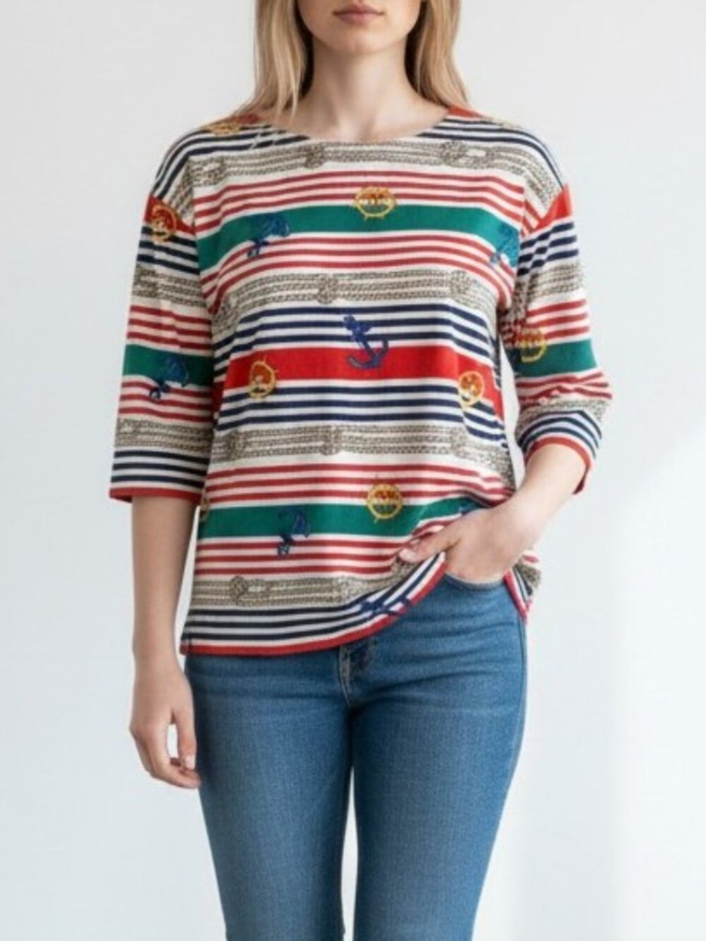 Vintage Laura Gayle Striped Nautical 100% Cotton 3/4 Sleeve Tunic Tee